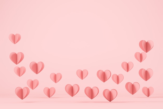 Cutout hearts flying on pink background, copy space