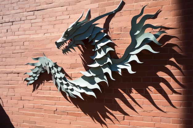Cutout paper dragon with shadow dancing on a brick wall