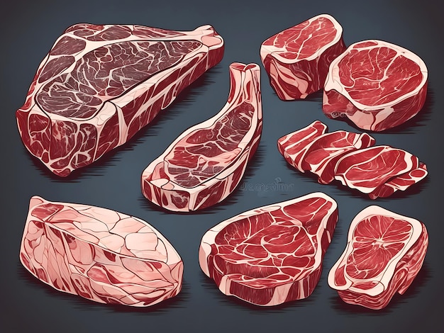 Cuts of raw meat set Steak ribs ham vector illustration