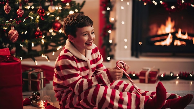 Photo cutte little boy at home near christmas decorations