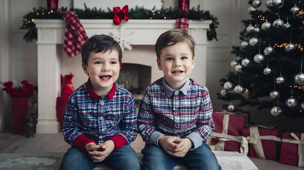 Photo cutte little brothers at home near christmas decorations