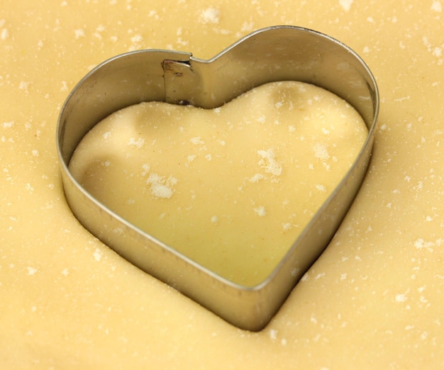 Cutter in the shape of a heart on the rolled out dough close-up