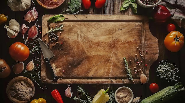 Cutting board food and ingredients around it