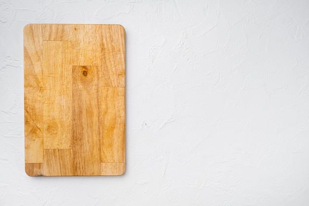 Cutting board set, on white stone table background, top view flat lay , with copy space for text or your product