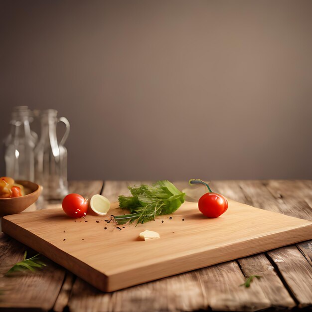 Foto una tavola da taglio con una bottiglia d'acqua e un pomodoro su di essa