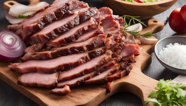 Photo a cutting board with a bunch of sliced up meat on it