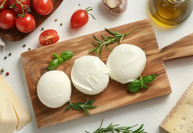 Photo a cutting board with cheese and tomatoes on it and a bottle of olive oil