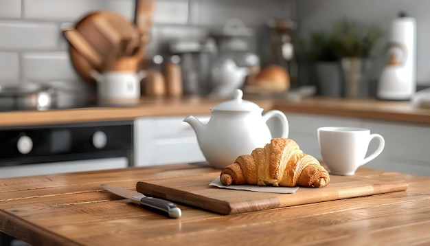 Cutting board with croissants knife teapot and cup on wooden table top in modern kitchen