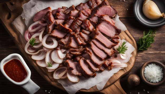 Photo a cutting board with ham and onions on it