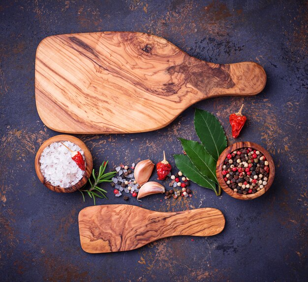 Cutting board with herbs and spices.