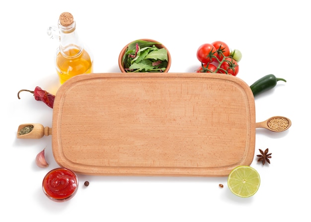 Cutting board with  ingredient isolated on white