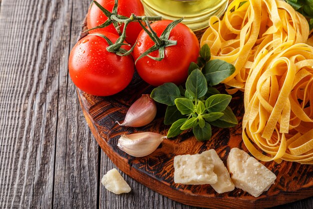 Cutting board with ingredients, selective focus.