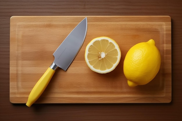 A cutting board with a knife and a knife with a l