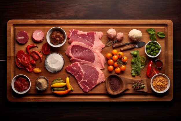 A cutting board with meat and sauces on it