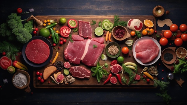 A cutting board with meat and vegetables on it