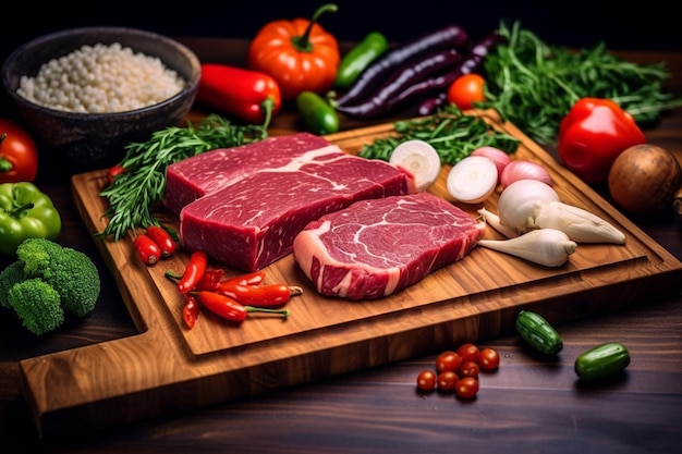 A cutting board with meat and vegetables on it