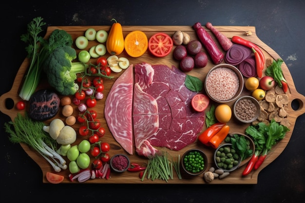 A cutting board with meat and vegetables on it