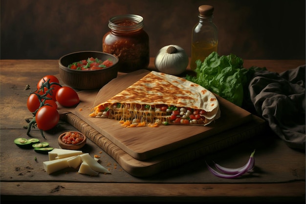 A cutting board with a pizza on it