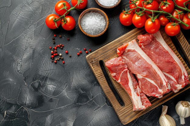 Photo a cutting board with a plate of food and tomatoes on it