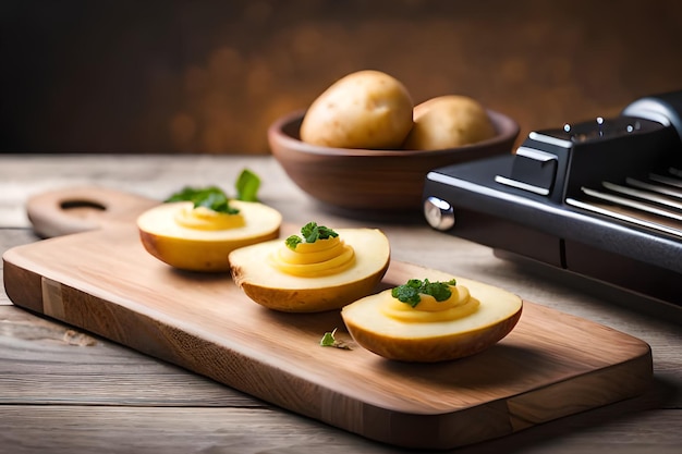 A cutting board with potatoes and a grill next to it