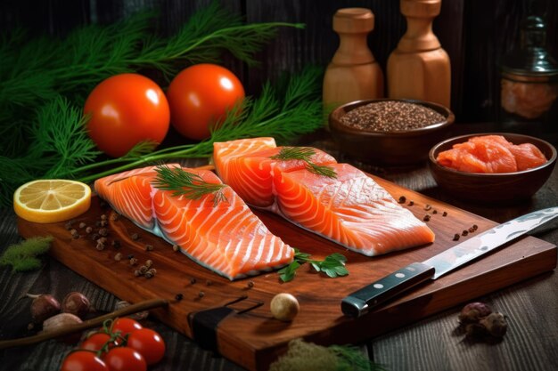 A cutting board with salmon and tomatoes on it