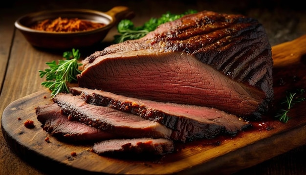 A cutting board with sliced meat and a jar of red pepper seasoning.