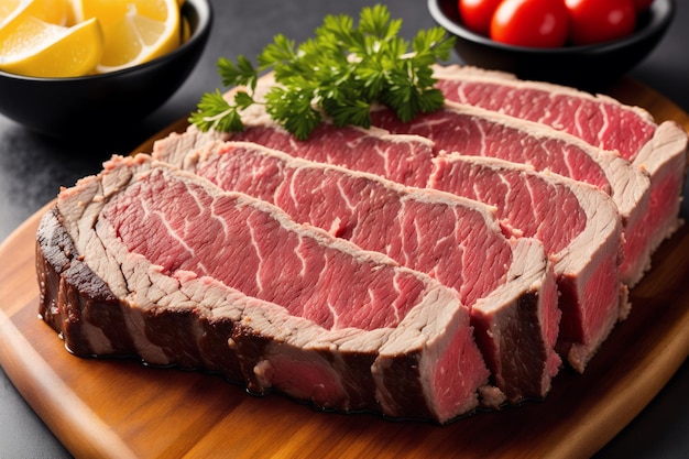 A cutting board with sliced steaks on it