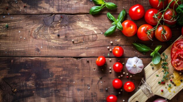 Photo cutting board with sliced tomatoes and garlic