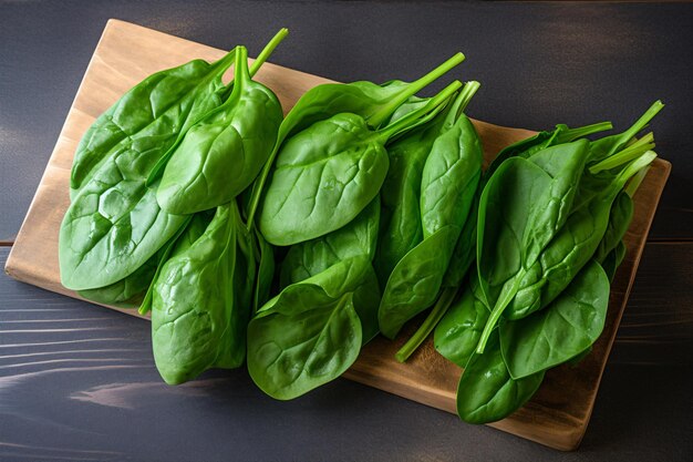 a cutting board with spinach leaves on it