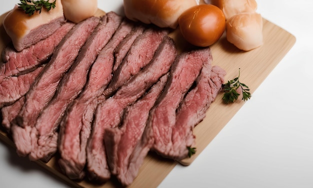 A cutting board with a steak on it and eggs on the side.