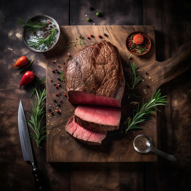 A cutting board with a steak on it and a knife next to it.