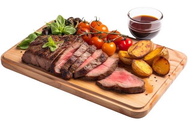 A cutting board with a steak and vegetables