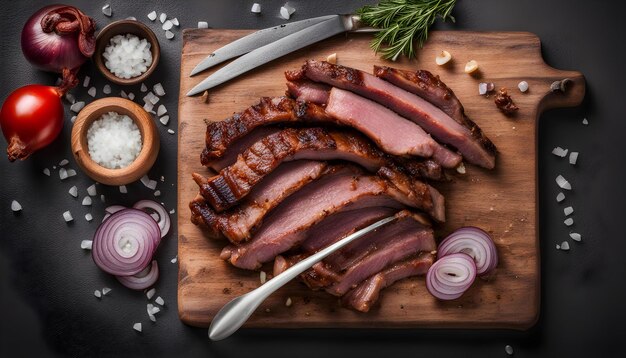 Photo a cutting board with steaks onions and a knife