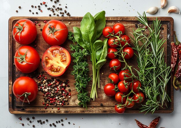 a cutting board with tomatoes tomatoes and herbs