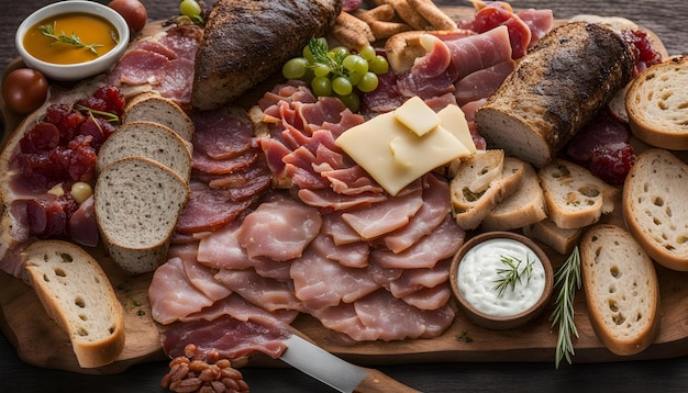 a cutting board with a variety of different types of meats and cheese