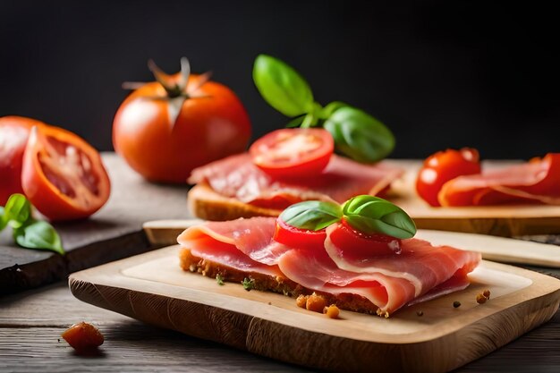 A cutting board with a variety of ingredients including ham, tomatoes, and basil