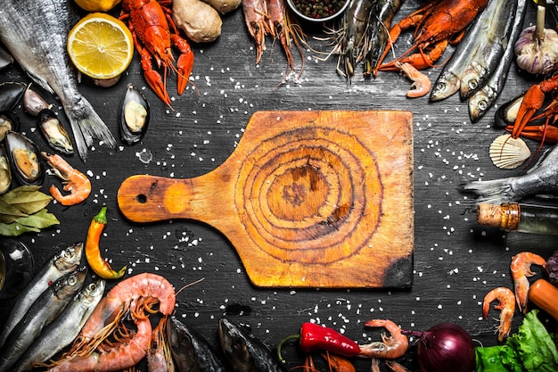 Cutting Board with a variety of shrimp, fish and shellfish