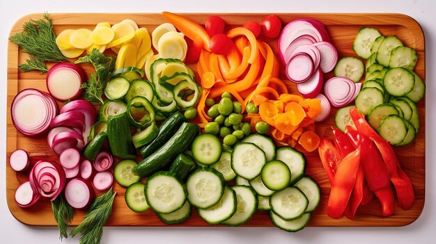 A cutting board with vegetables on it including cucumbers, peppers, and cucumbers.