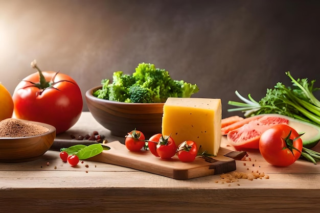 A cutting board with vegetables and tomatoes on it