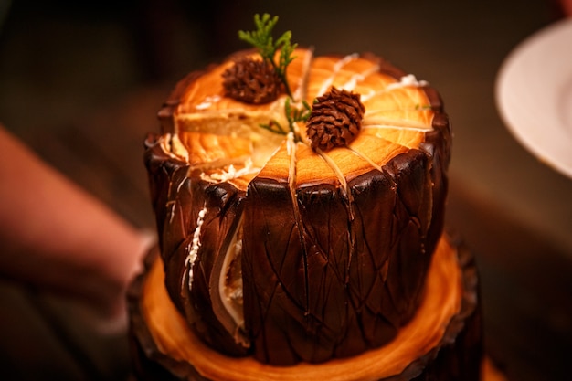 Cutting chocolate brownie cake