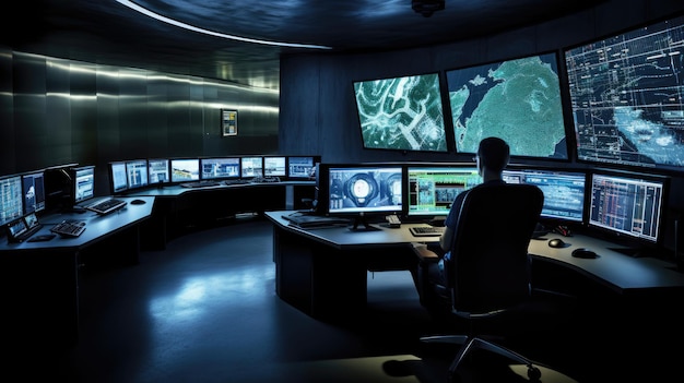 Foto cutting-edge cybersecurity centrum in bunker gefocust operator het analyseren van gegevens