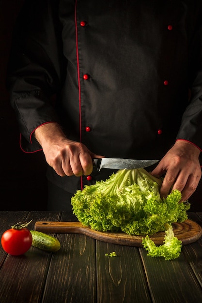 Cutting lettuce leaves with a knife in the kitchen by the hands of a chef Vegetarian cuisine