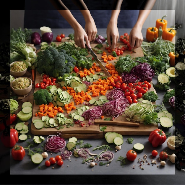 Cutting lots of vegetable on a chopping board broccoli carrot cherry tomato onion and more