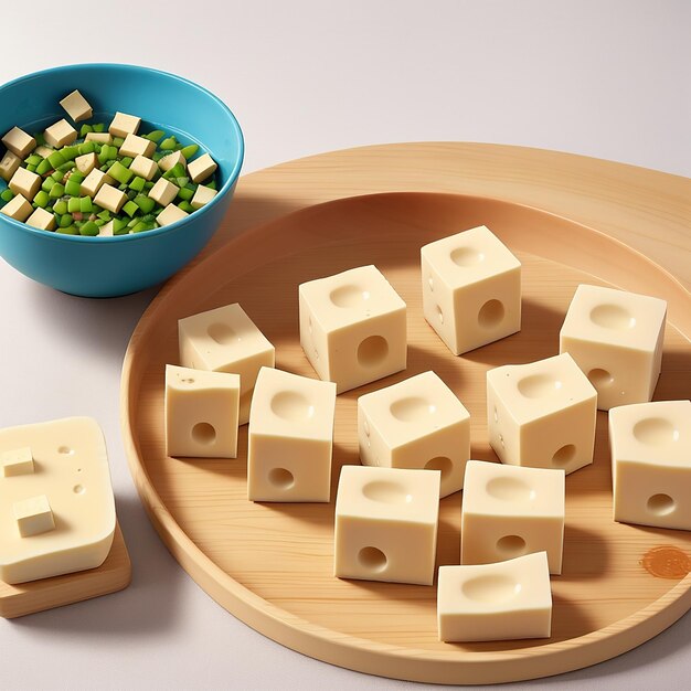 Photo cutting paneer into pieces on wooden board