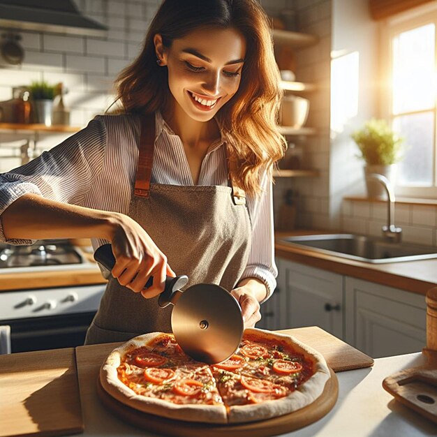 Photo cutting pizza