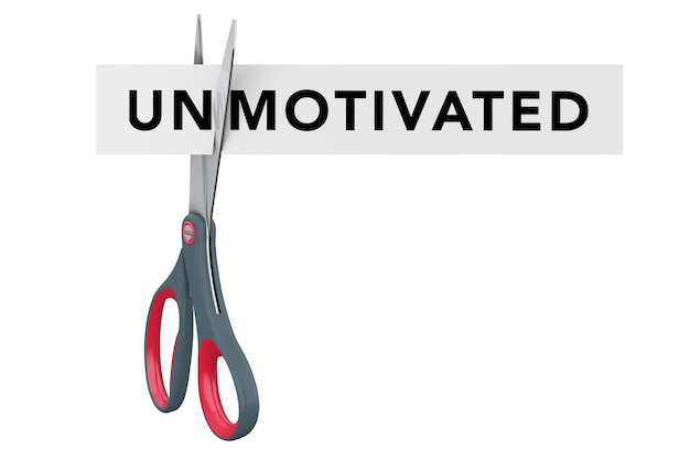 Cutting Unmotivated to Motivated Paper Sign with Scissors on a white background. 3d Rendering.