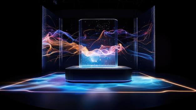 Cuttingedge futuristic podium with transparent acrylic surface Displays dynamic 3D holograms