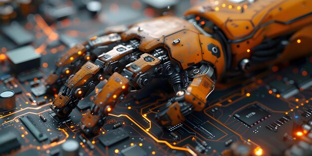 cuttingedge robot arm with advanced chip technology processes data to complete complex tasks with precision on a circuit board concept robotics automation precision engineering