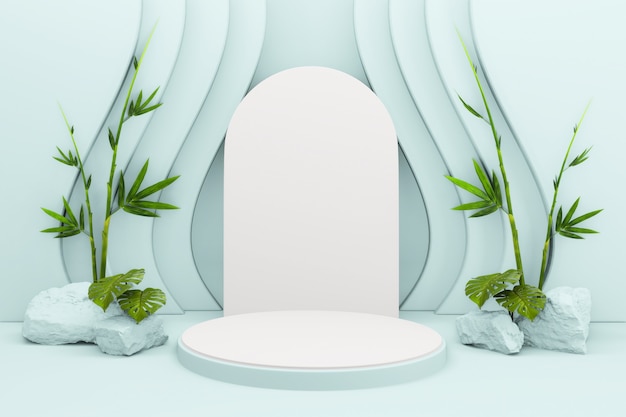 Cyaan Tropisch Podium geometrisch en bamboe Japanse decoratie. 3D-rendering
