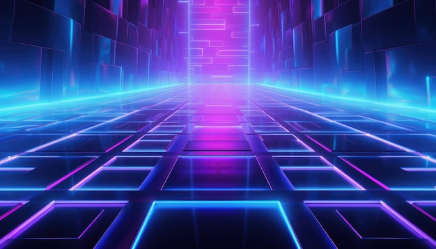 Cyan blue and purple grids neon glow light lines design on perspective floor